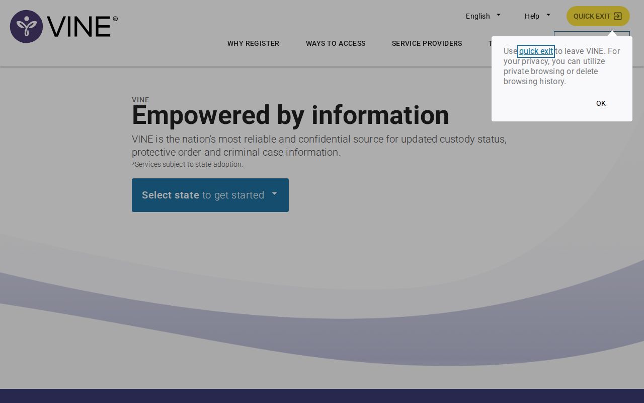 VINELink custody notification service search screen